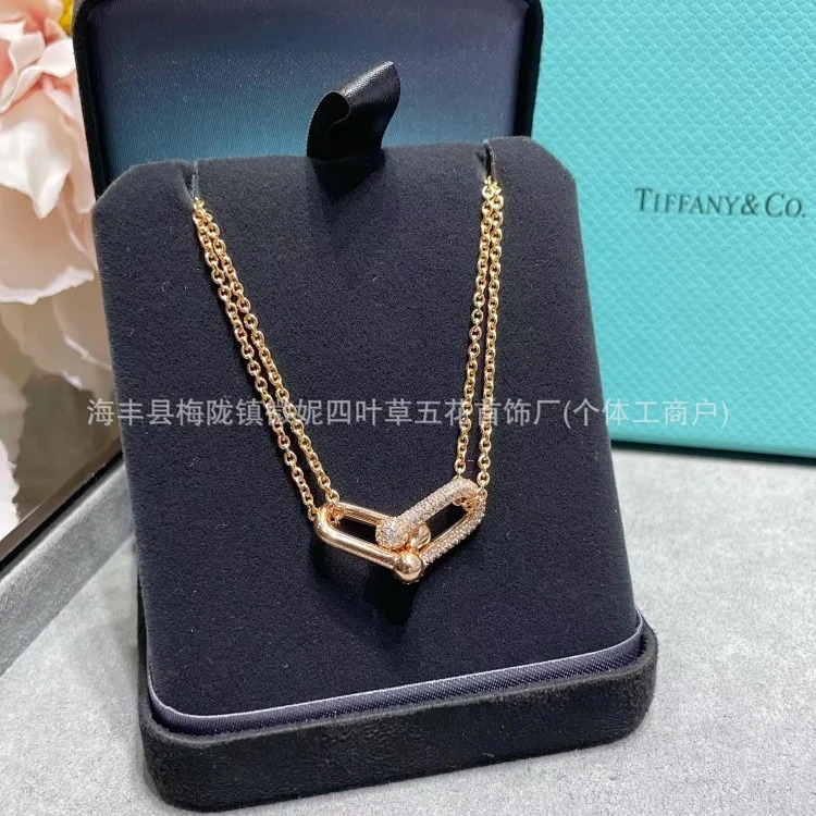 T family double ring glossy horseshoe necklace women's s925 silver high-end double buckle U-shaped double ring half diamond clavicle chain