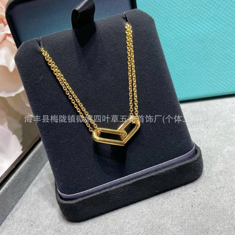 T family double ring glossy horseshoe necklace women's s925 silver high-end double buckle U-shaped double ring half diamond clavicle chain