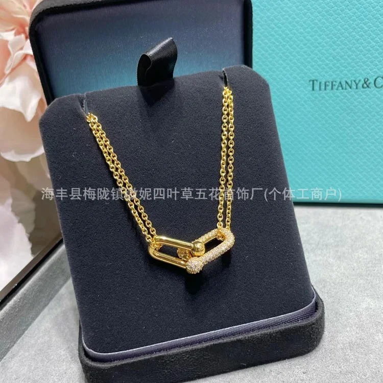 T family double ring glossy horseshoe necklace women's s925 silver high-end double buckle U-shaped double ring half diamond clavicle chain
