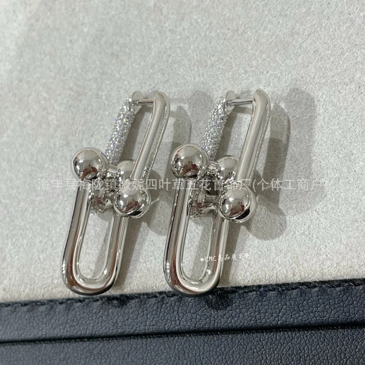 T family double ring glossy horseshoe necklace women's s925 silver high-end double buckle U-shaped double ring half diamond clavicle chain