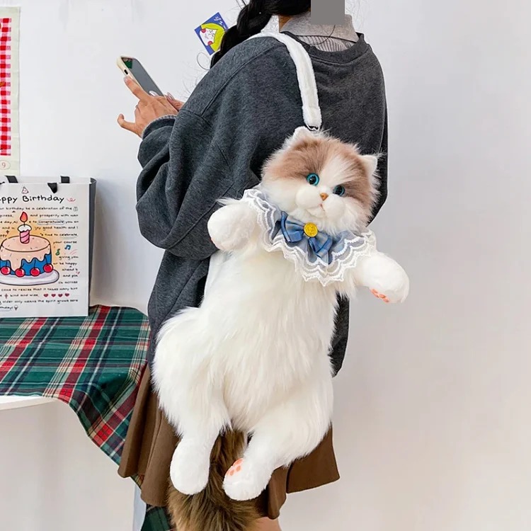 Simulated Cute Cat Backpack 2026 Popular Plush Calico Cat Ragdoll Cat Backpack Girlfriend Gift Bag