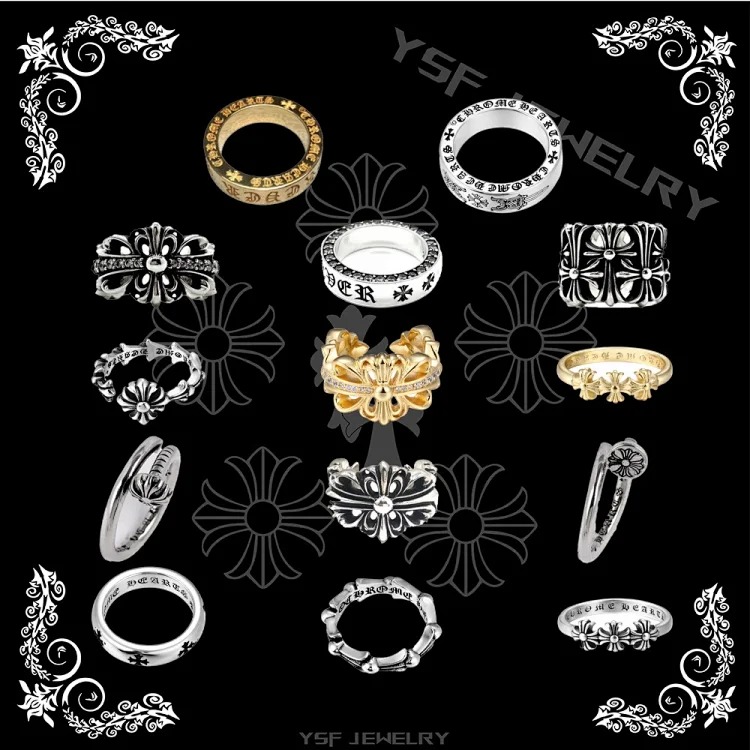 Chrome Hearts Orioles Trendy Engraving Crow Heart Tomb Eternal Old-made Ring Tail Flower Retro Cross Live Handmade CH
