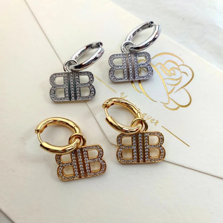 Paris style hoop earrings with diamond letters, versatile street style double B earrings, personalized European and American style retro earrings