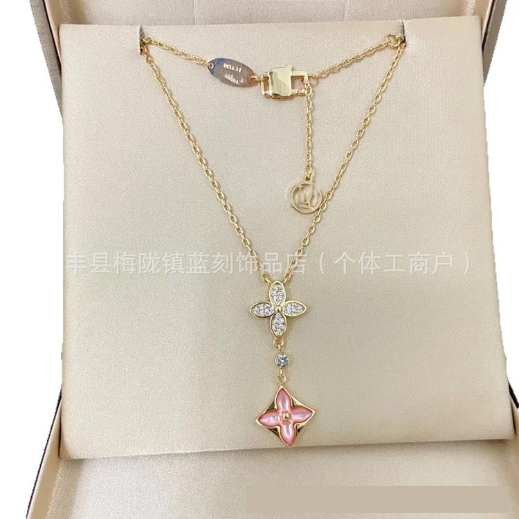 Four-leaf clover double flower necklace for women V gold high-end 18K rose gold white shell red agate flower clavicle chain