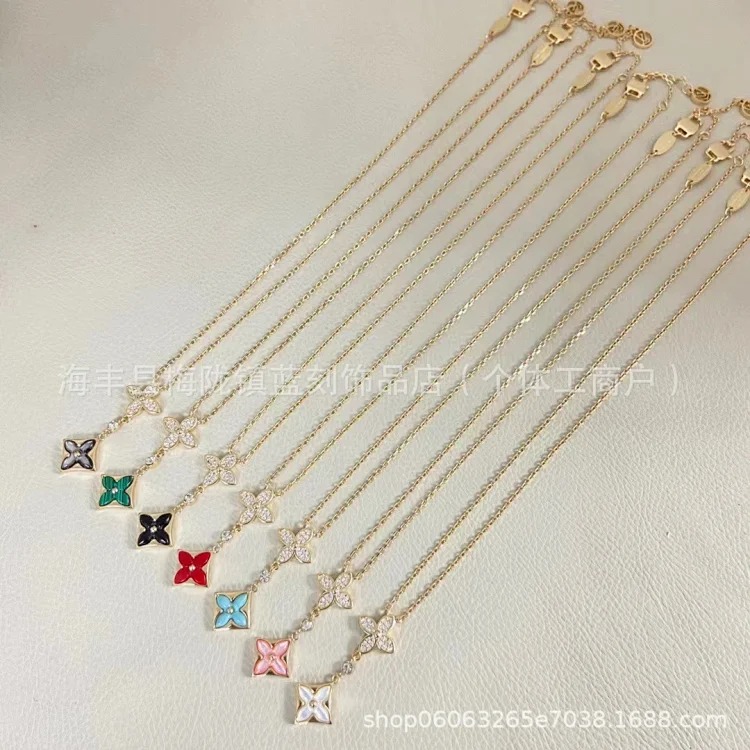 Four-leaf clover double flower necklace for women V gold high-end 18K rose gold white shell red agate flower clavicle chain