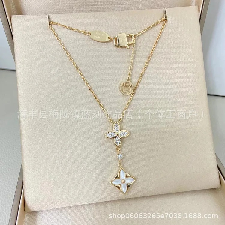 Four-leaf clover double flower necklace for women V gold high-end 18K rose gold white shell red agate flower clavicle chain
