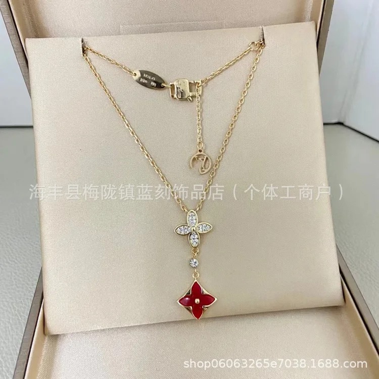 Four-leaf clover double flower necklace for women V gold high-end 18K rose gold white shell red agate flower clavicle chain