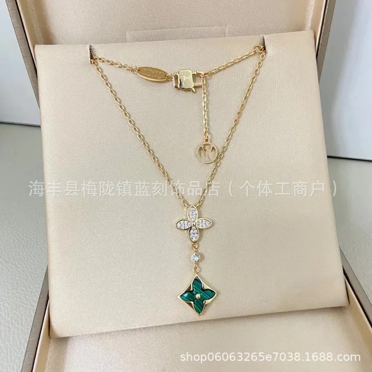 Four-leaf clover double flower necklace for women V gold high-end 18K rose gold white shell red agate flower clavicle chain