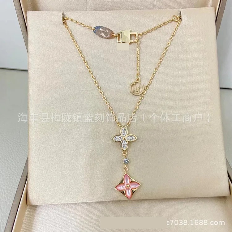 Four-leaf clover double flower necklace for women V gold high-end 18K rose gold white shell red agate flower clavicle chain
