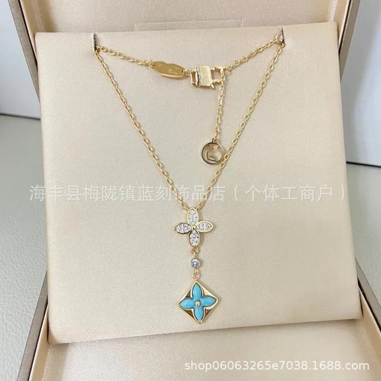 Four-leaf clover double flower necklace for women V gold high-end 18K rose gold white shell red agate flower clavicle chain