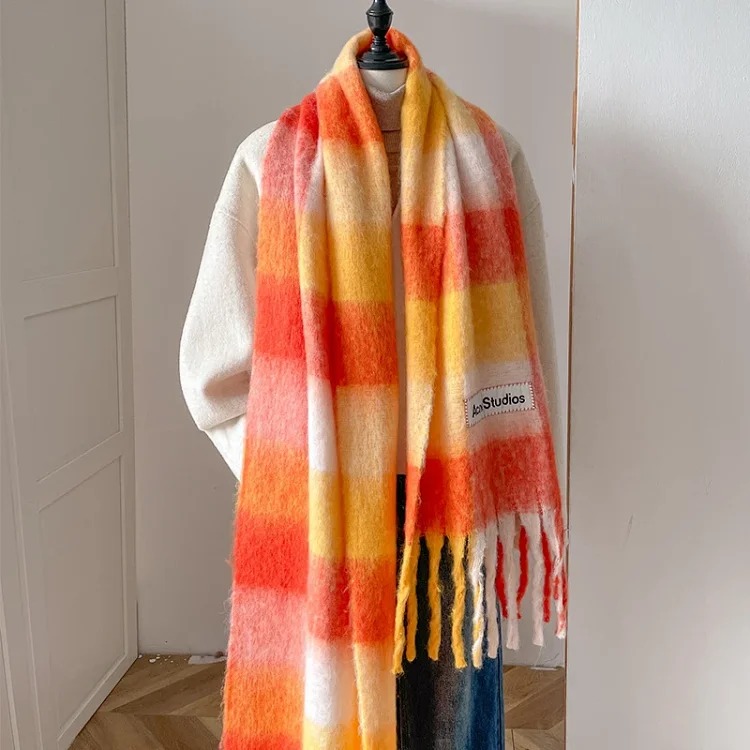 AC rainbow smudged plaid scarf to keep warm in winter, , mohair internet celebrity scarf