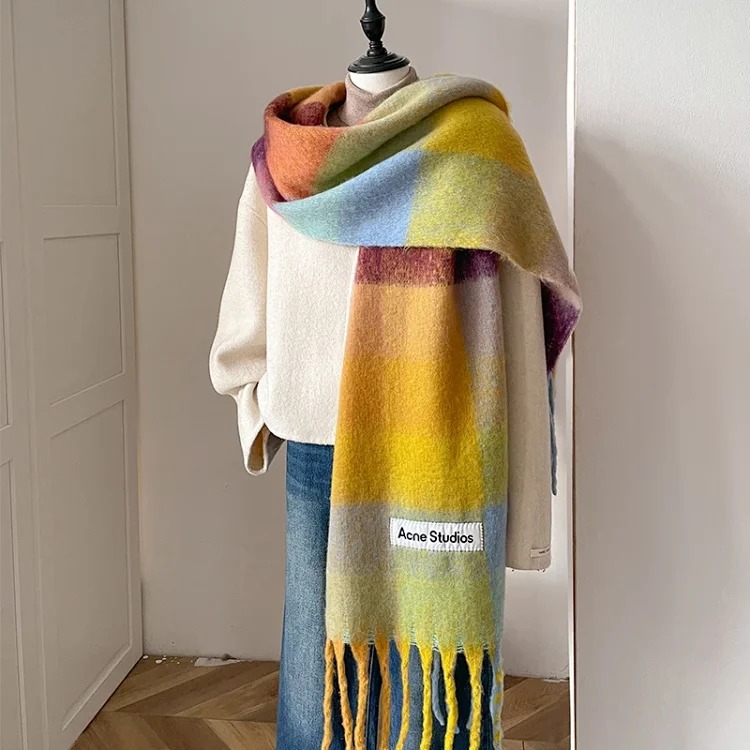AC rainbow smudged plaid scarf to keep warm in winter, , mohair internet celebrity scarf