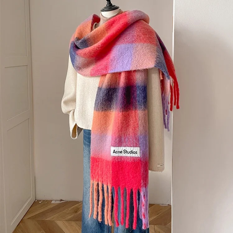 AC rainbow smudged plaid scarf to keep warm in winter, , mohair internet celebrity scarf