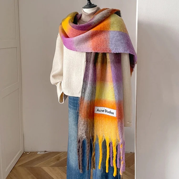 AC rainbow smudged plaid scarf to keep warm in winter, , mohair internet celebrity scarf