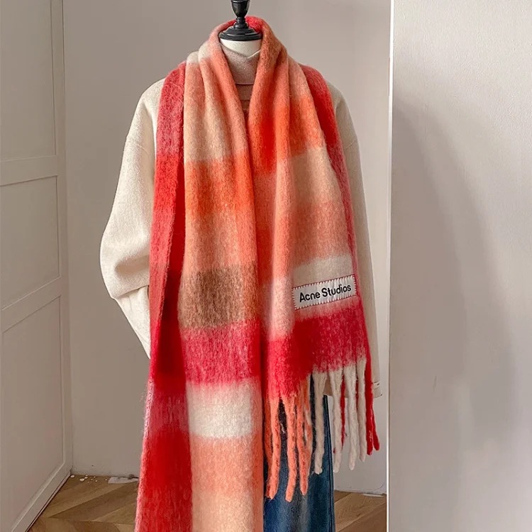 AC rainbow smudged plaid scarf to keep warm in winter, , mohair internet celebrity scarf