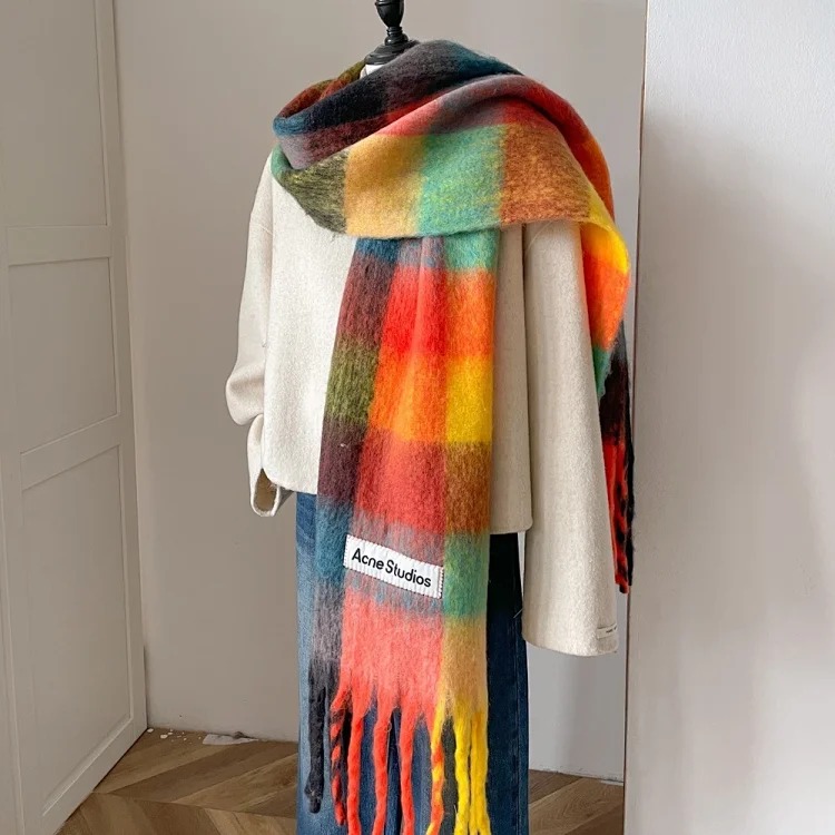 AC rainbow smudged plaid scarf to keep warm in winter, , mohair internet celebrity scarf
