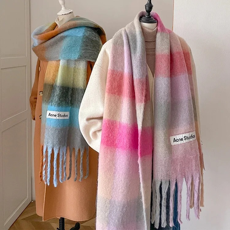 AC rainbow smudged plaid scarf to keep warm in winter, , mohair internet celebrity scarf