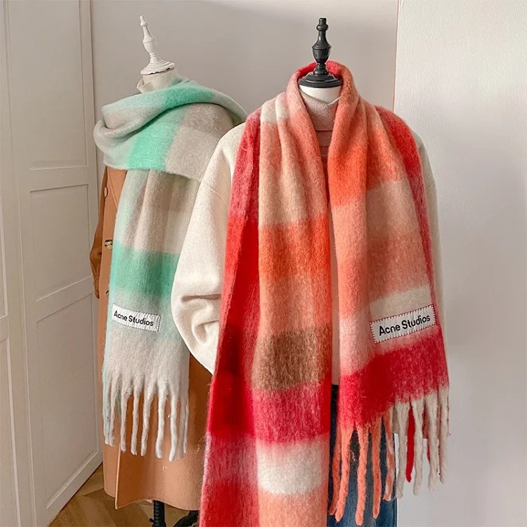 AC rainbow smudged plaid scarf to keep warm in winter, , mohair internet celebrity scarf
