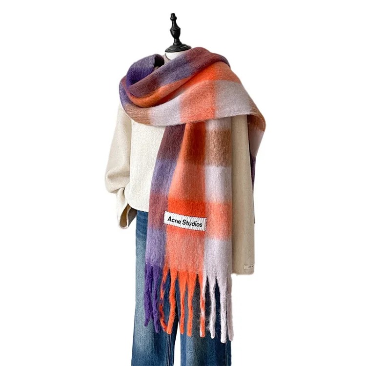 AC rainbow smudged plaid scarf to keep warm in winter, , mohair internet celebrity scarf
