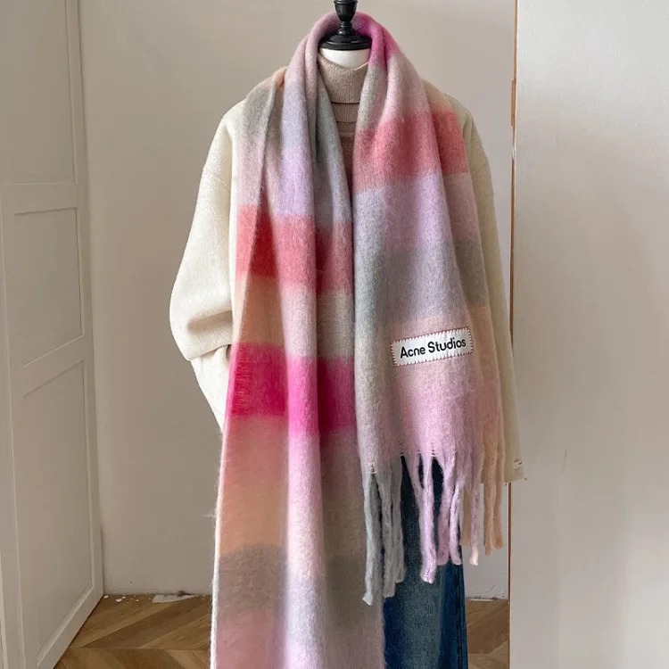 AC rainbow smudged plaid scarf to keep warm in winter, , mohair internet celebrity scarf