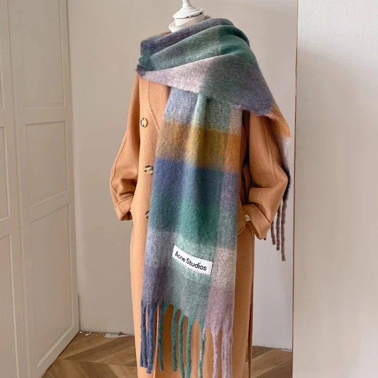 AC rainbow smudged plaid scarf to keep warm in winter, , mohair internet celebrity scarf