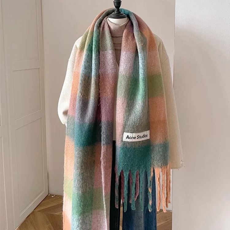 AC rainbow smudged plaid scarf to keep warm in winter, , mohair internet celebrity scarf