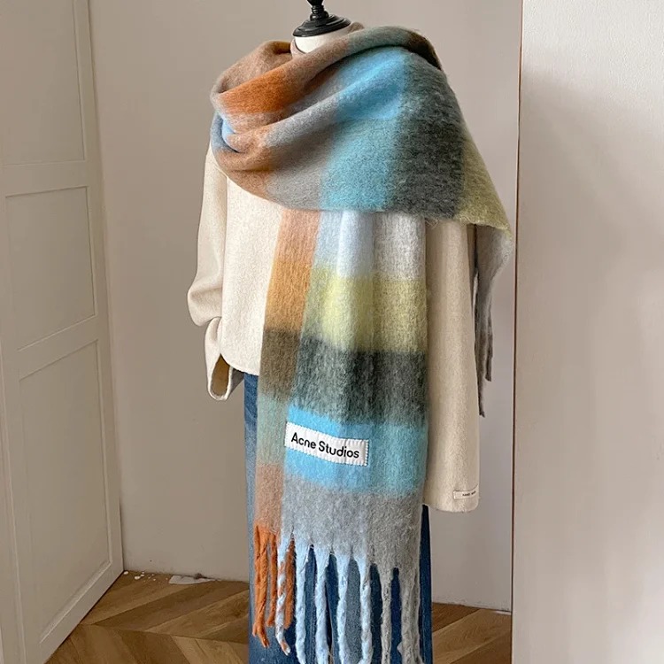 AC rainbow smudged plaid scarf to keep warm in winter, , mohair internet celebrity scarf