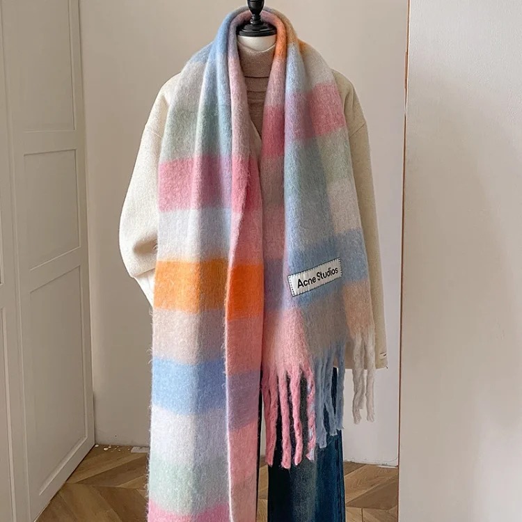 AC rainbow smudged plaid scarf to keep warm in winter, , mohair internet celebrity scarf