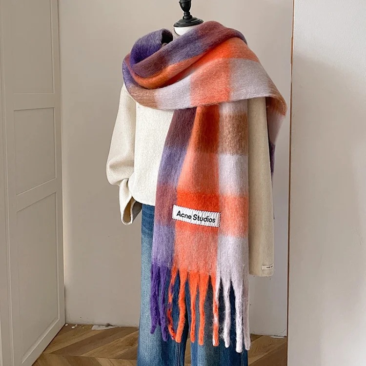 AC rainbow smudged plaid scarf to keep warm in winter, , mohair internet celebrity scarf