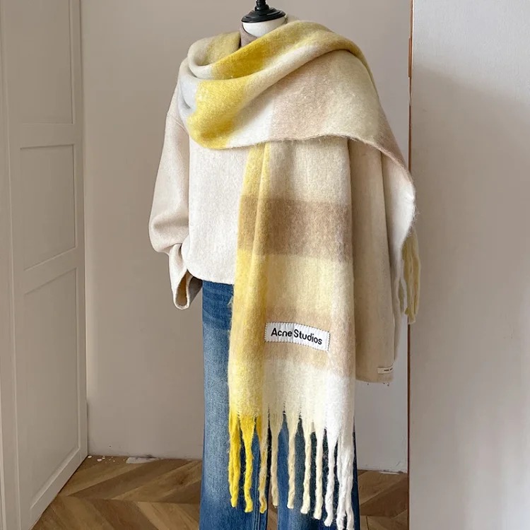 AC rainbow smudged plaid scarf to keep warm in winter, , mohair internet celebrity scarf