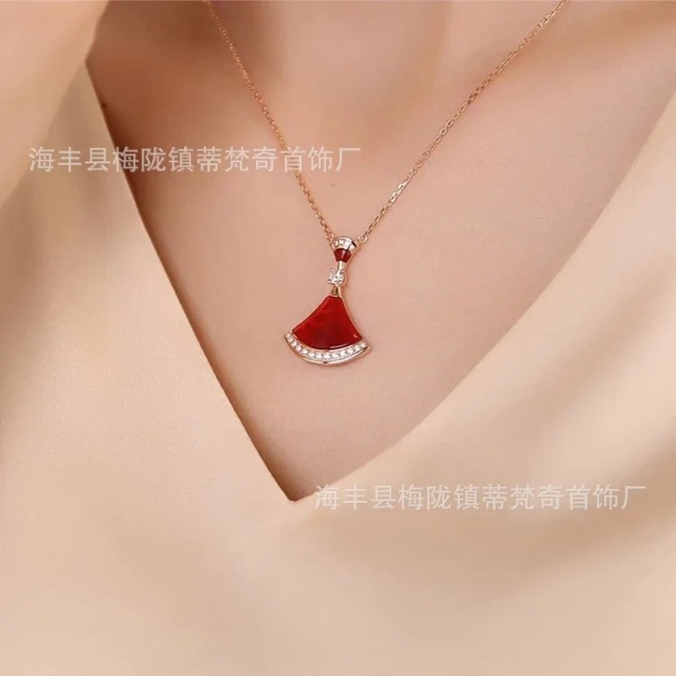 Baojia high 925 sterling silver mini skirt necklace rose gold white mother-of-pearl fan pendant agate clavicle chain