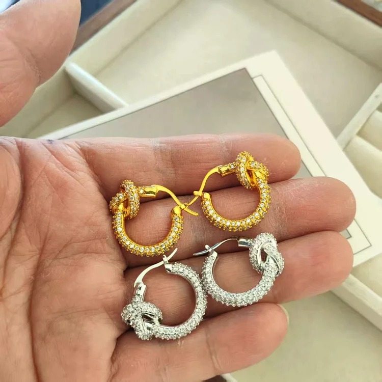 Arc de Triomphe high-end fashion simple full diamond earrings copper gold-plated women's light luxury full diamond jewelry knotted hoop earrings