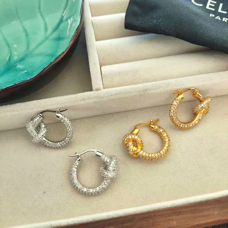 Arc de Triomphe high-end fashion simple full diamond earrings copper gold-plated women's light luxury full diamond jewelry knotted hoop earrings