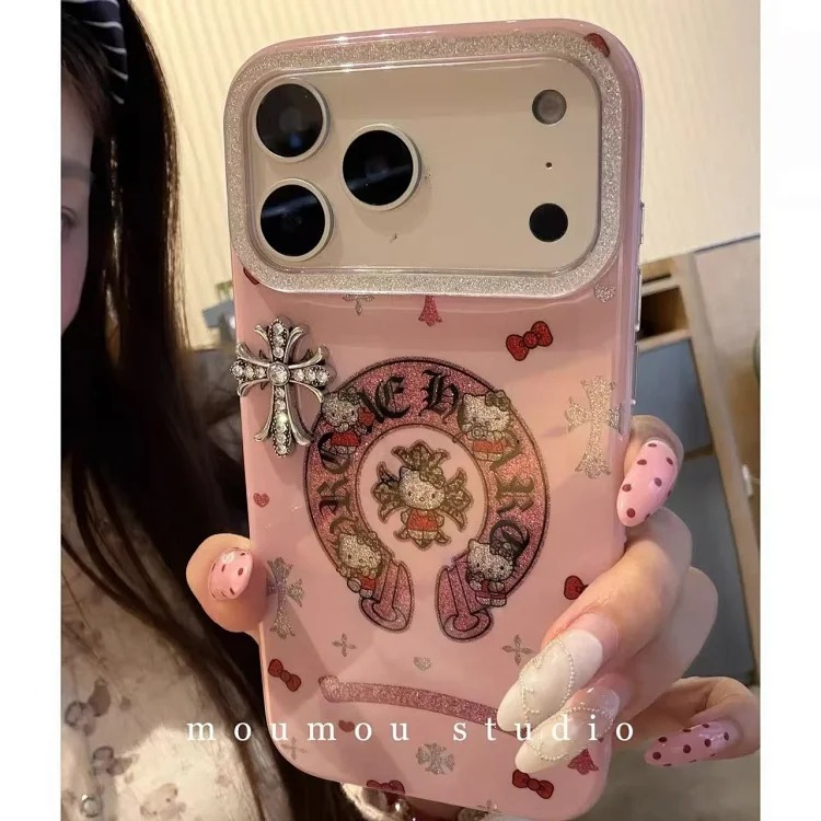 Chrome Hearts Trendy cool cartoon glitter powder Crow heart cat suitable for i Phone17promax Apple 16 mobile phone case 15 new style 14
