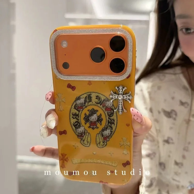 Chrome Hearts Trendy cool cartoon glitter powder Crow heart cat suitable for i Phone17promax Apple 16 mobile phone case 15 new style 14