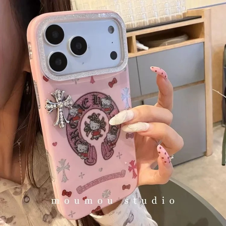 Chrome Hearts Trendy cool cartoon glitter powder Crow heart cat suitable for i Phone17promax Apple 16 mobile phone case 15 new style 14