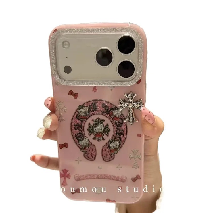 Chrome Hearts Trendy cool cartoon glitter powder Crow heart cat suitable for i Phone17promax Apple 16 mobile phone case 15 new style 14