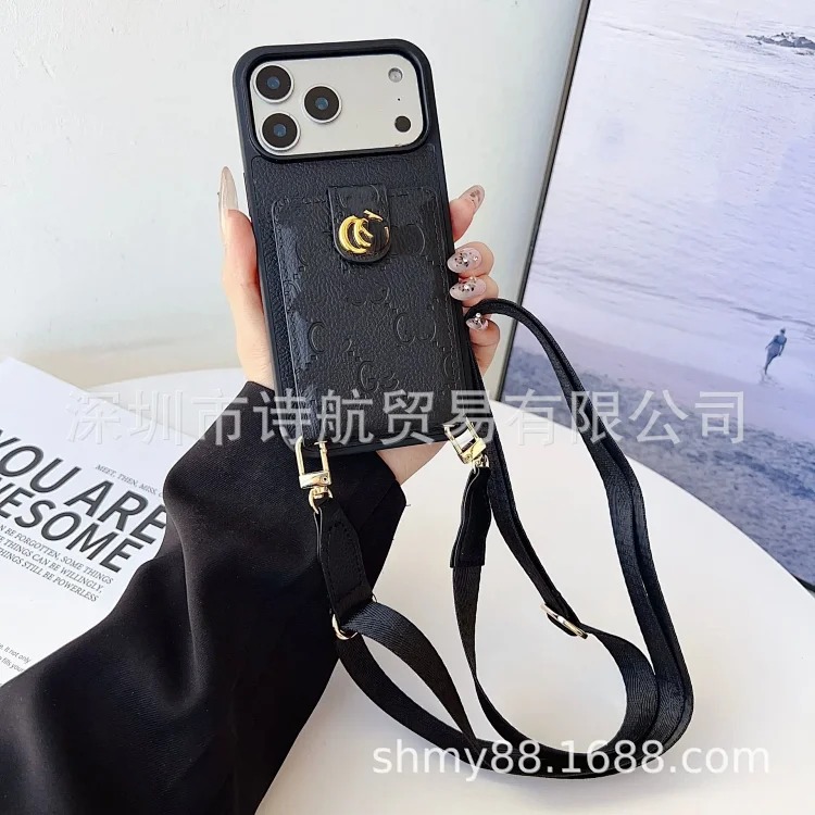 Embossed trendy brand diagonal lanyard mobile phone protective case suitable for ihone17promax mobile phone case anti-fall card holder image 2