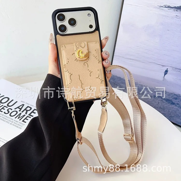 Embossed trendy brand diagonal lanyard mobile phone protective case suitable for ihone17promax mobile phone case anti-fall card holder image 3