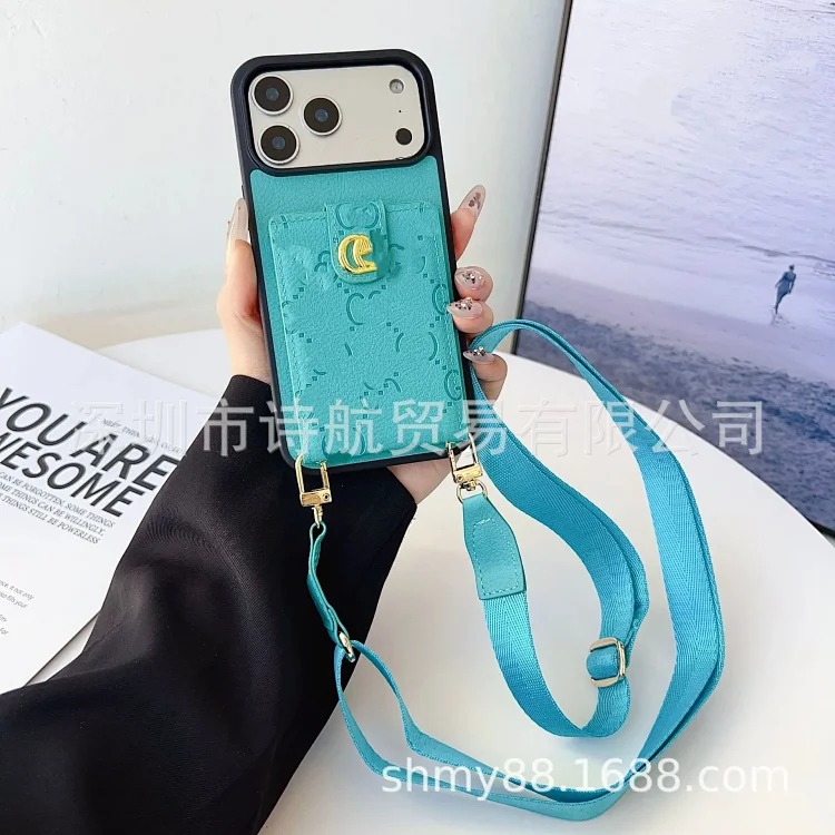 Embossed trendy brand diagonal lanyard mobile phone protective case suitable for ihone17promax mobile phone case anti-fall card holder image 4