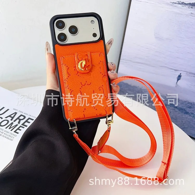 Embossed trendy brand diagonal lanyard mobile phone protective case suitable for ihone17promax mobile phone case anti-fall card holder image 5