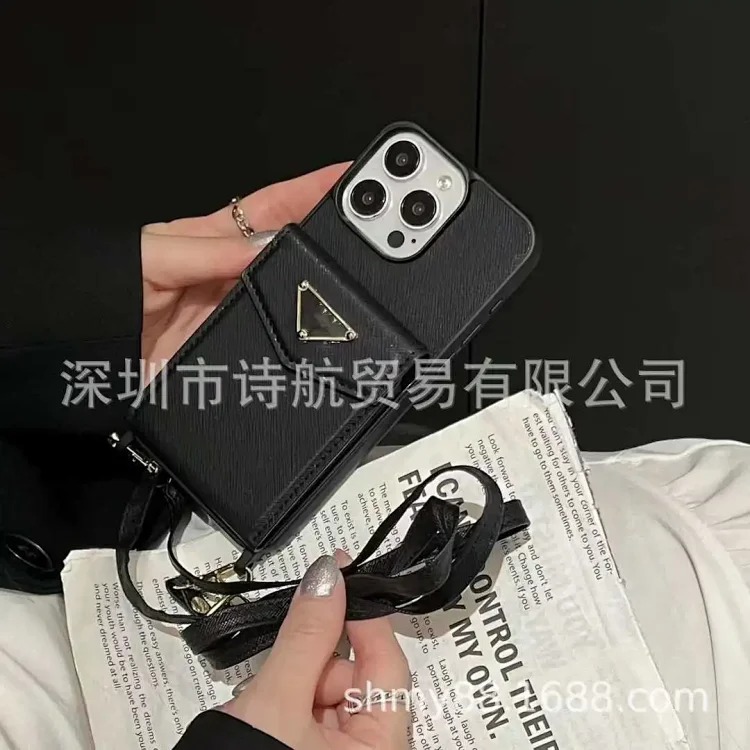 Suitable for ihone16promax mobile phone case, fashionable and simple lanyard, Apple multi-card slot card holder, diagonal protective cover