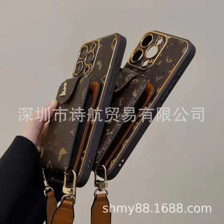 New electroplating trendy brand suitable for Apple 15 mobile phone case ihone16promax high-end 14 leather plug-in card 13