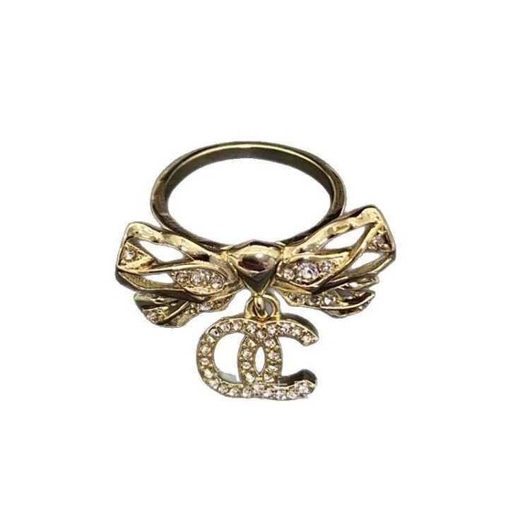 Chanel 25c small fragrant style new rhombus love double C ring with bow, versatile fashion retro high-end fragrant grandma ring