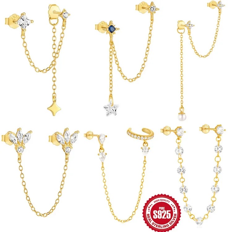 S925 sterling silver tassel marquise diamond-less hole ear clip earrings earrings European and American best-selling temperament pearl star earrings