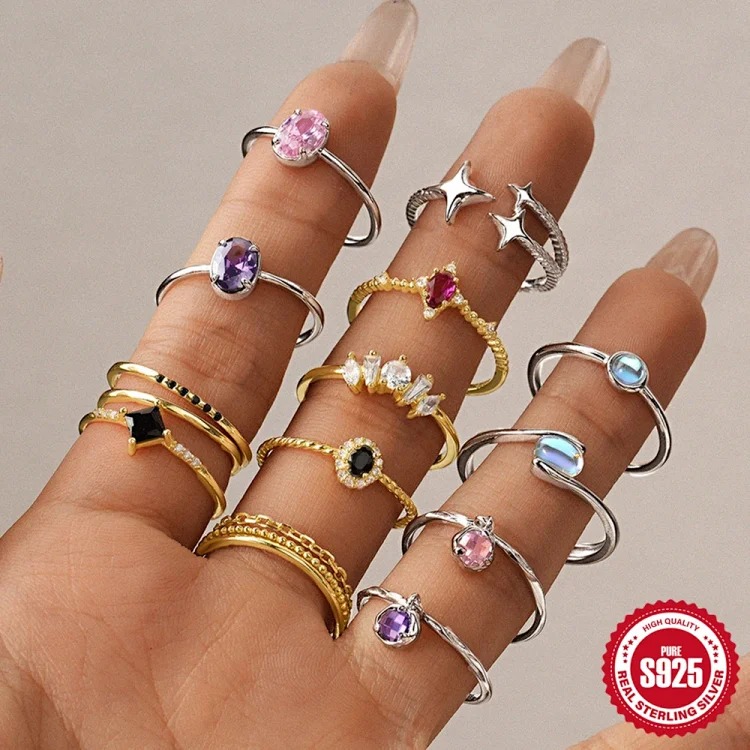 New product S925 sterling silver ring Japanese and Korean light luxury niche design geometric zircon ring fashionable open index finger ring