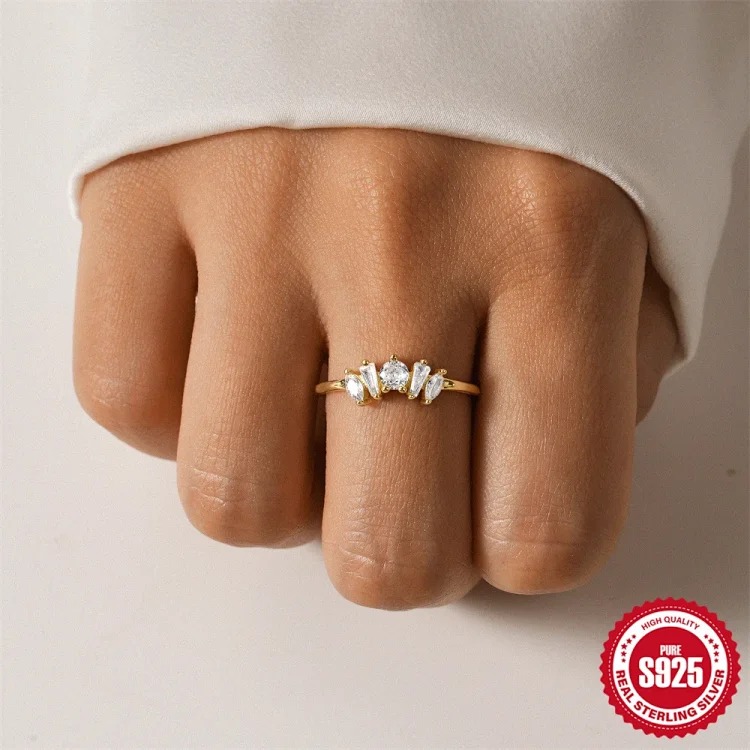 New product S925 sterling silver ring Japanese and Korean light luxury niche design geometric zircon ring fashionable open index finger ring