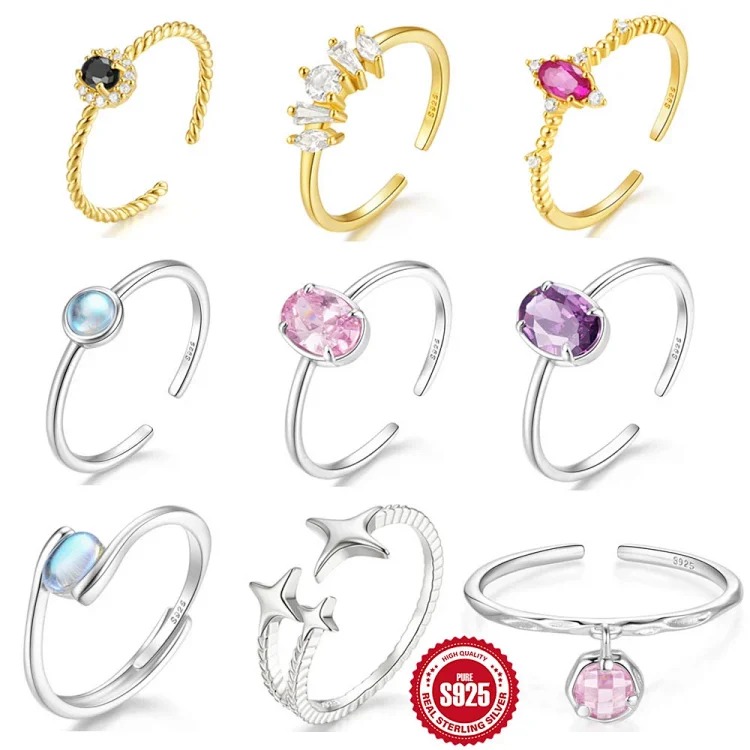 New product S925 sterling silver ring Japanese and Korean light luxury niche design geometric zircon ring fashionable open index finger ring