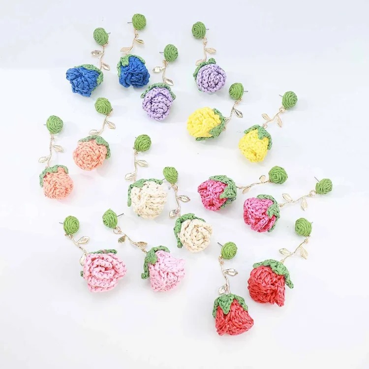 E14816 Bohemian hand-woven raffia flower earrings sweet floral jewelry holiday style accessories for women