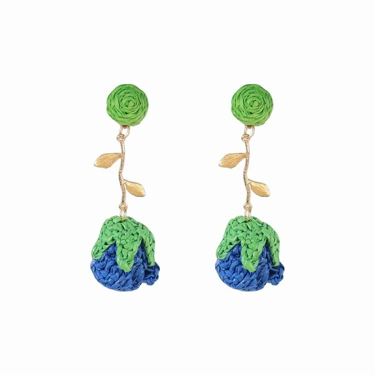 E14816 Bohemian hand-woven raffia flower earrings sweet floral jewelry holiday style accessories for women